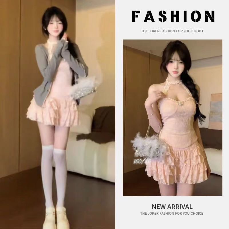 Sweet and cute atmosphere set in spring and summer lace heavy industry splicing design inner cardigan skirt three-piece set