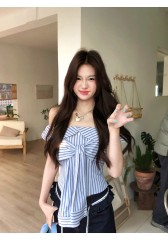 韓系一字肩藍色上衣女夏綁帶修身設計感小眾短袖條紋襯衫