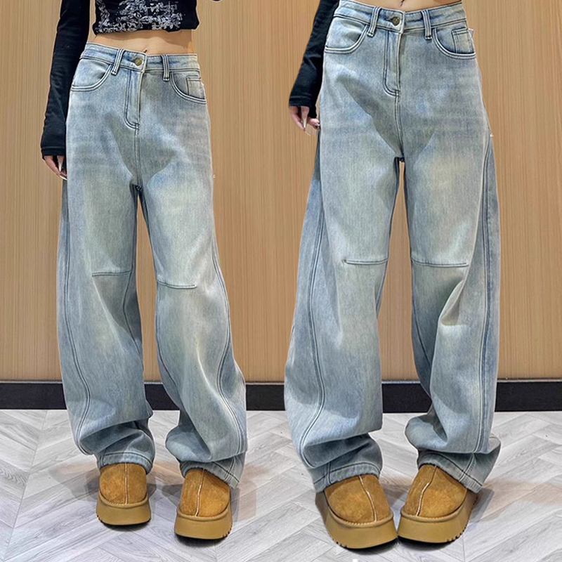 High-quality American scimitar straight jeans for women in spring and summer retro versatile high waist slim loose draped wide-leg pants