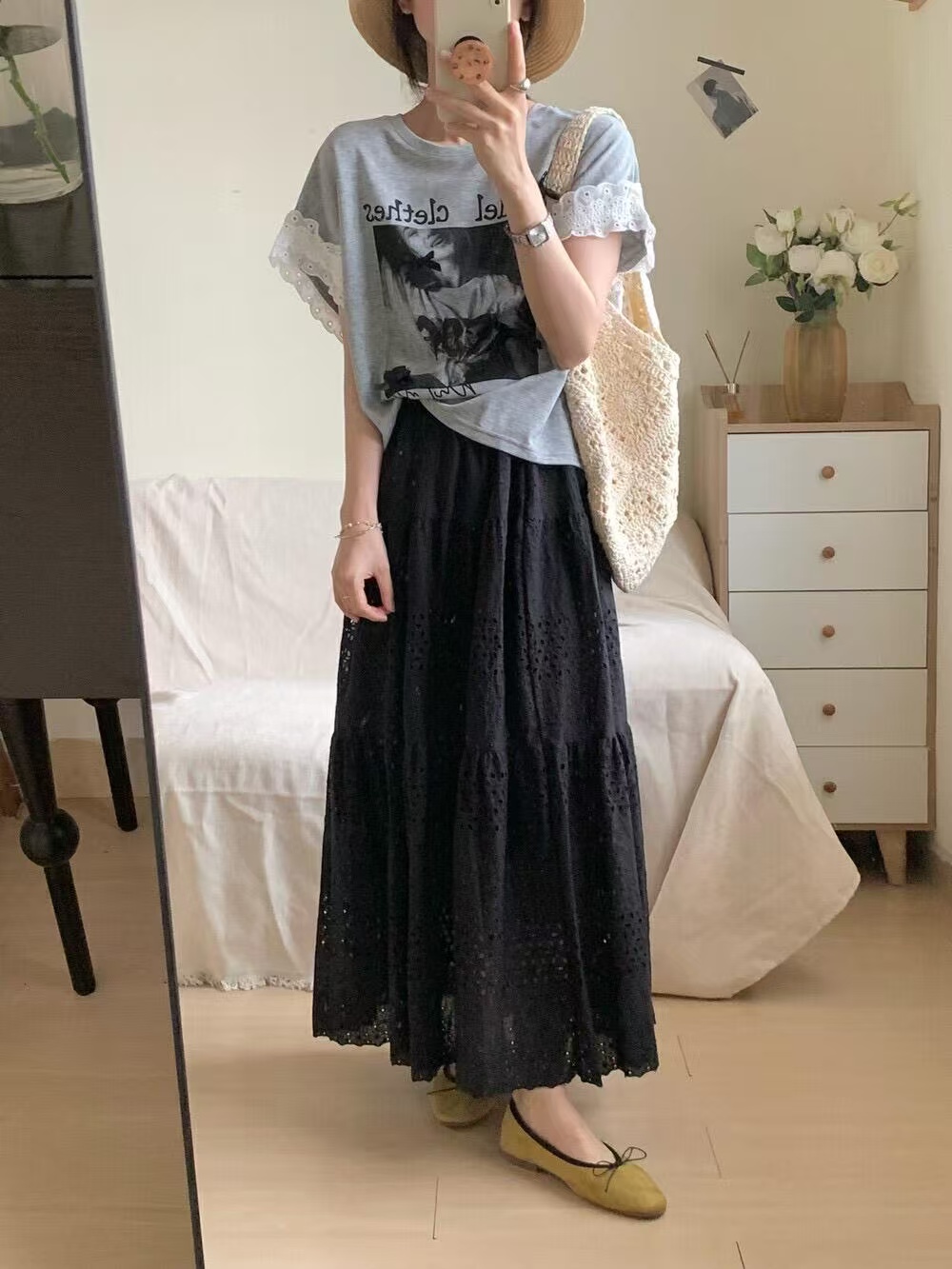 韓系高腰顯瘦刺繡鏤空中長款半身裙女A字裙百搭裙子