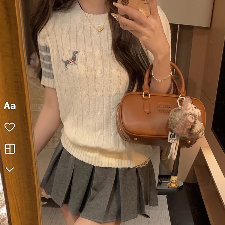 CHICYOU Summer Comfortable Thin Pullover Sweater Academy Dopamine Puppy Embroidery Knitted Short Sleeve Top for Women