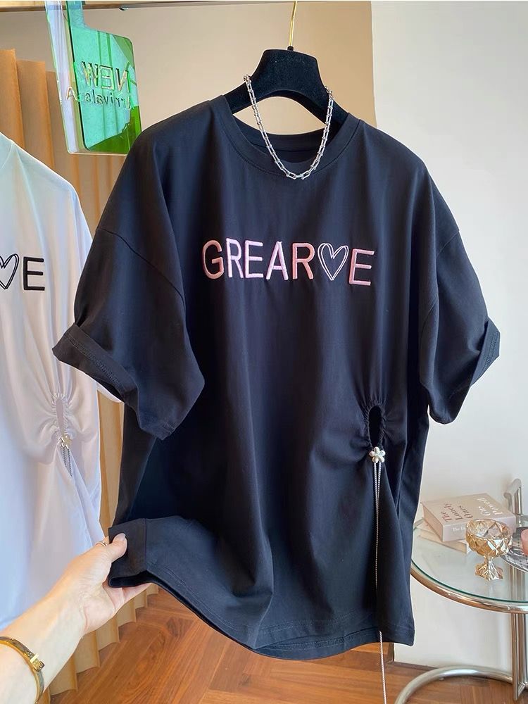 ~Large size women's pure cotton design sense hem slit T-shirt for women's summer new short-sleeved top
