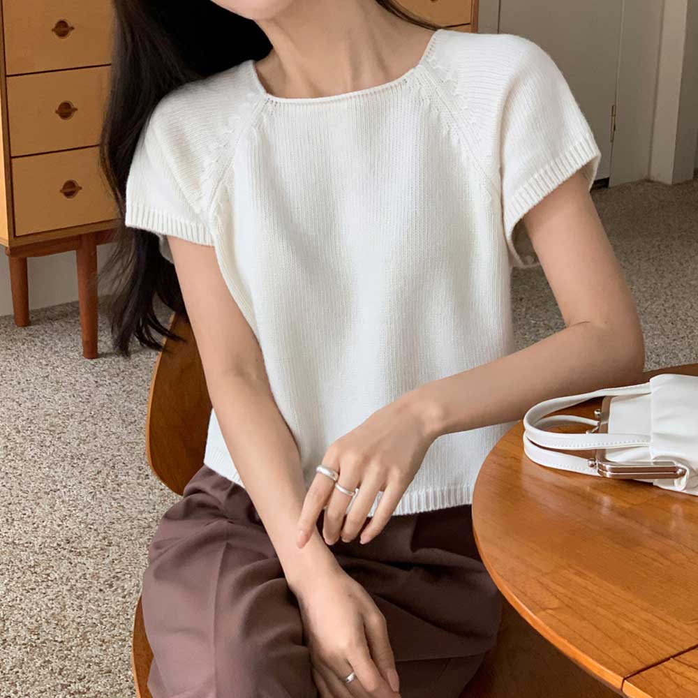Large size real shot Korean style striped sweater rag-sleeved casual Japanese white-collar pullover short-sleeved square neck sweater for women