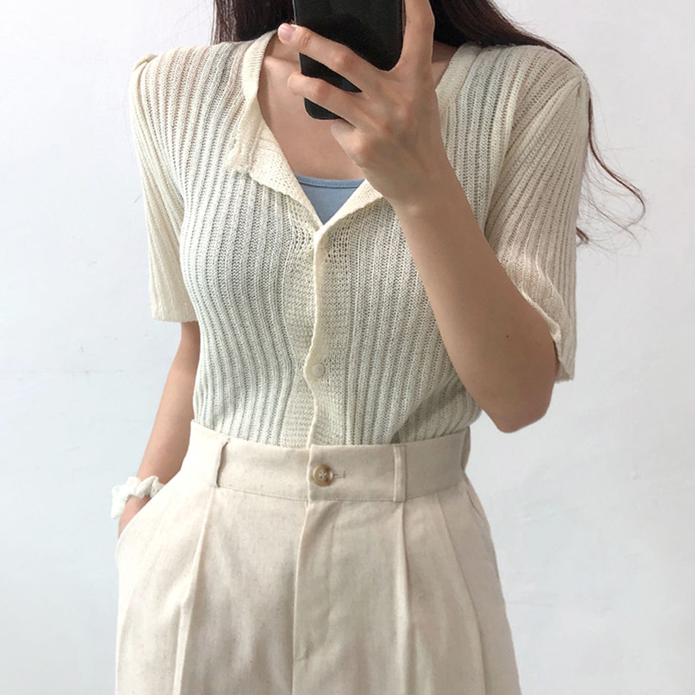 Large size original Korean version sweater summer fat mm short-sleeved thin sweater button cardigan top solid color knitted