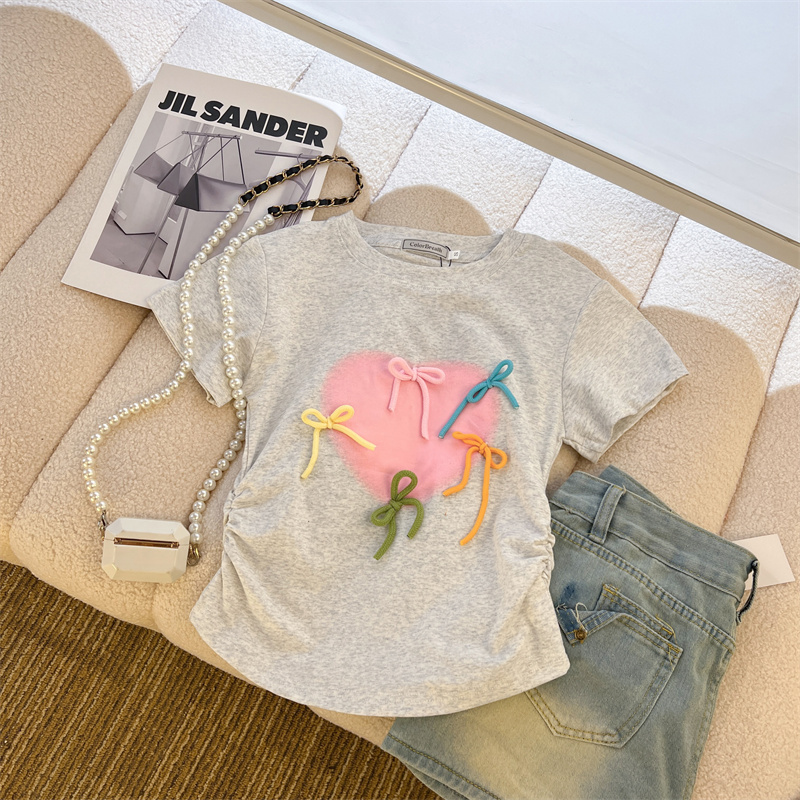 92 cotton/8 spandex 40 210g pure cotton color rope bow short-sleeved T-shirt for women