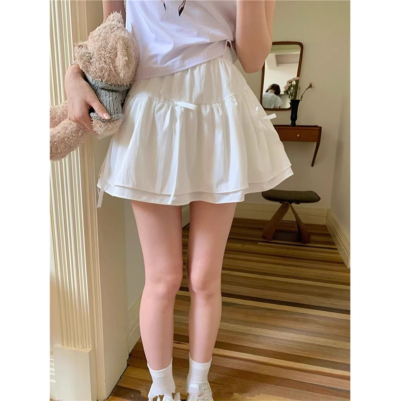 芭蕾風白色蝴蝶結抽褶半身裙女春夏法式蓬蓬蛋糕裙高腰A字短裙子