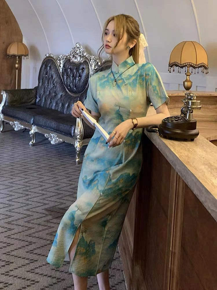 顯瘦長裙千里江山圖新中式旗袍民國風裙女2025新款大碼胖妹妹收腰
