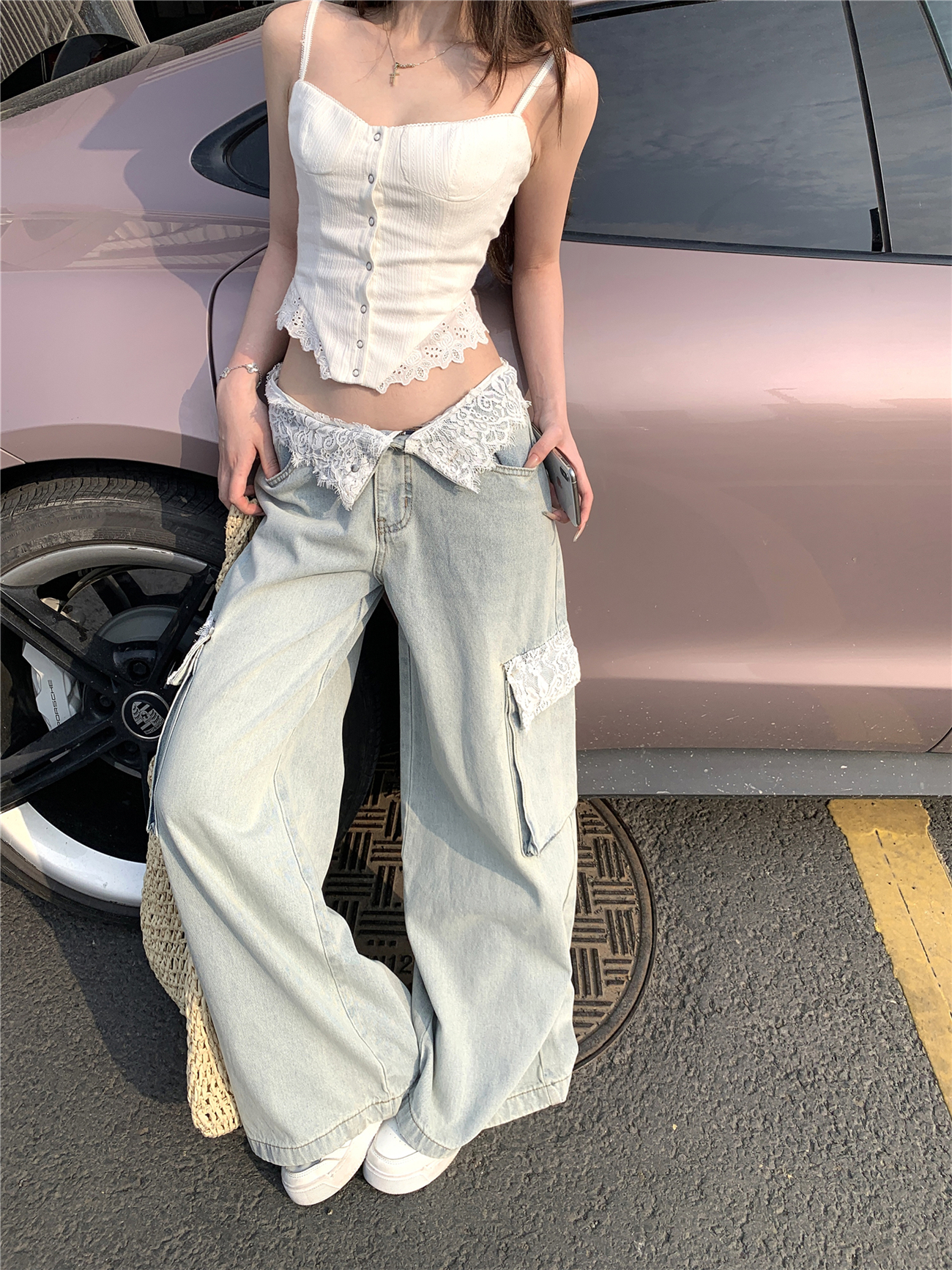 Real shot!  Lace spliced ​​design jeans for women in spring and summer new loose wide-leg straight lazy trousers