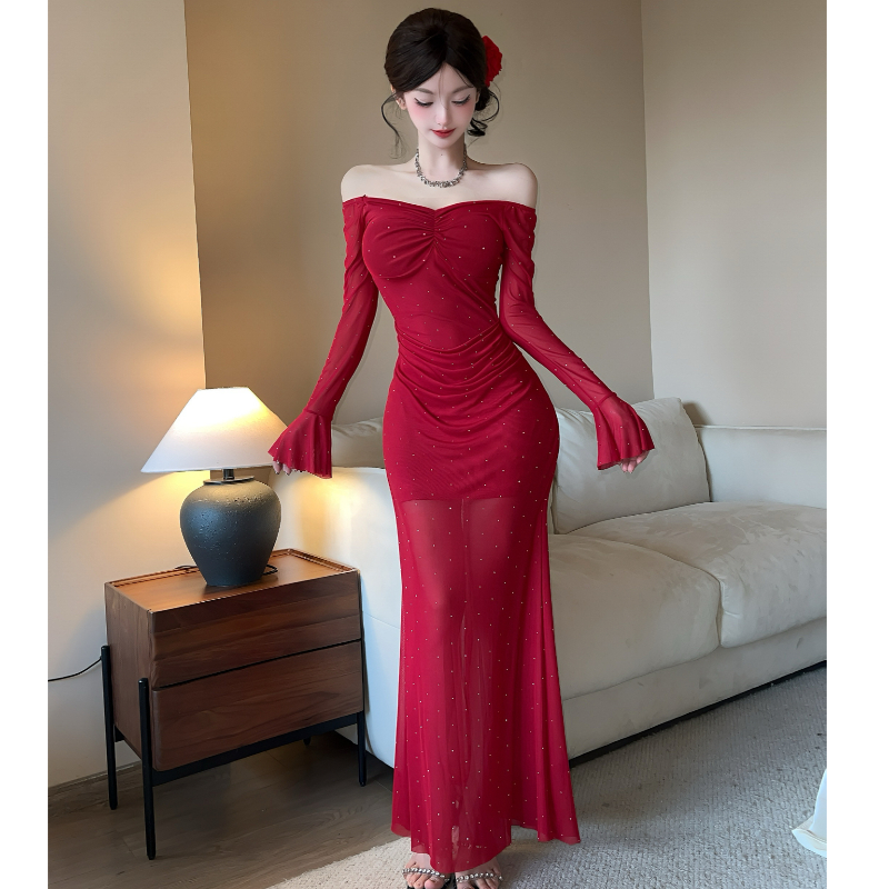 Sexy long ironing diamond long sleeve sun protection base dress mesh skirt