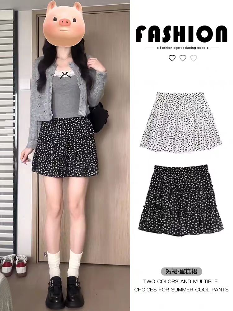Black floral short skirt for women in summer new high-waisted slim A-line skirt casual ballet style polka dot cake skirt