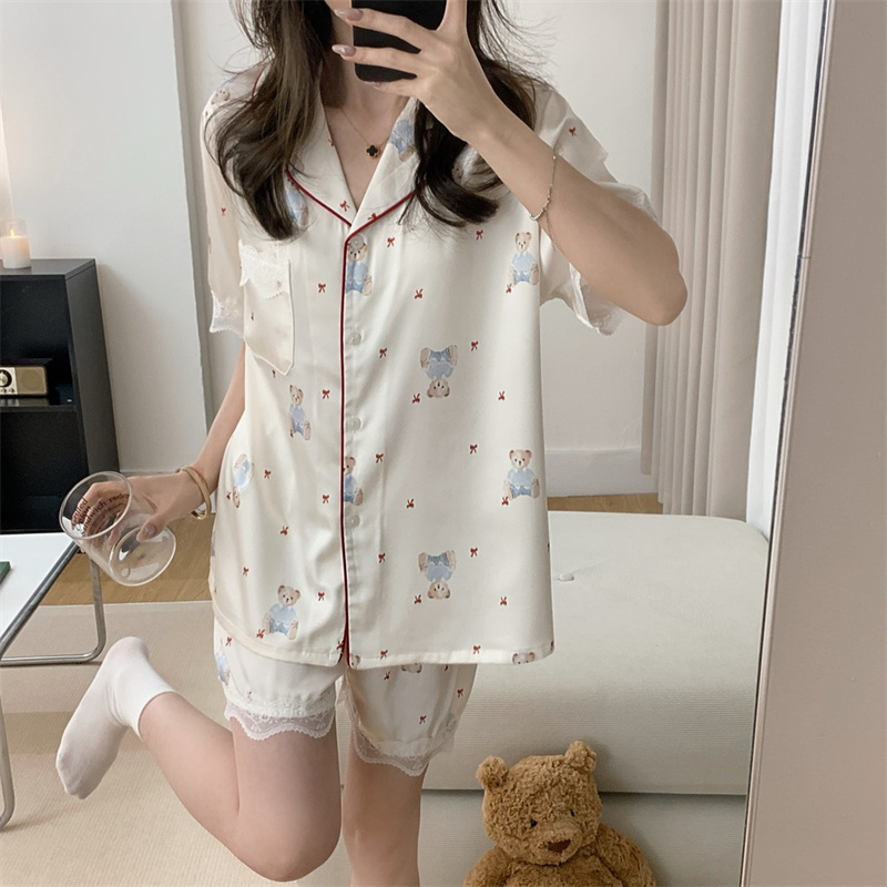 Real photo of 25 years of ice silk pajamas thin short sleeves short trousers three-piece set of bear lace lace home clothes