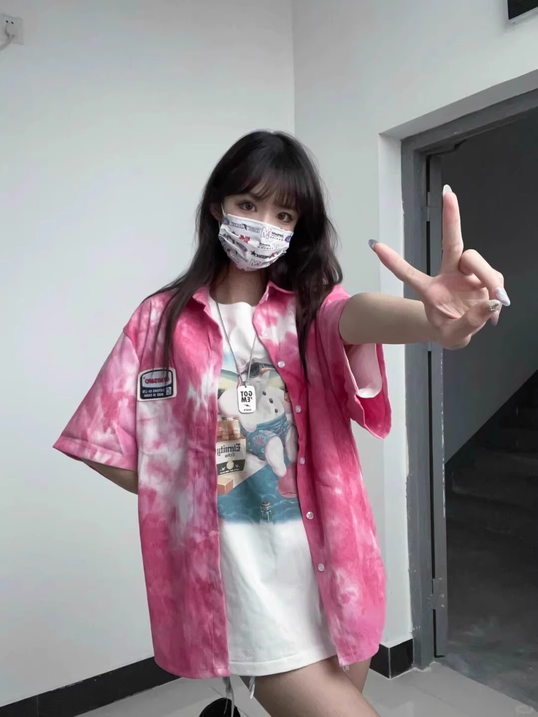 美式扎染粉色潮牌襯衫寬鬆設計感夏季襯衣慵懶ins短袖復古上衣女