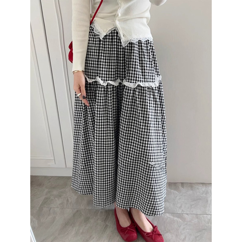 Original fabric black and white plaid skirt for women a-line summer new elastic waist long lace skirt