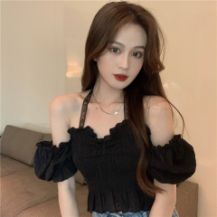 Real shot of summer French lace halter neck puff sleeve slim short top