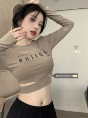 純欲顯瘦辣妹字母印花長袖T恤女初早秋修身打底衫短款露臍