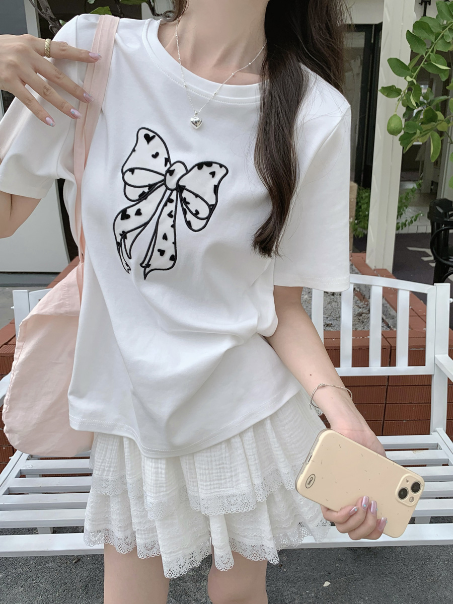 Real photo of pure cotton age-reducing sweet love bow patch short-sleeved T-shirt for women loose slimming base top