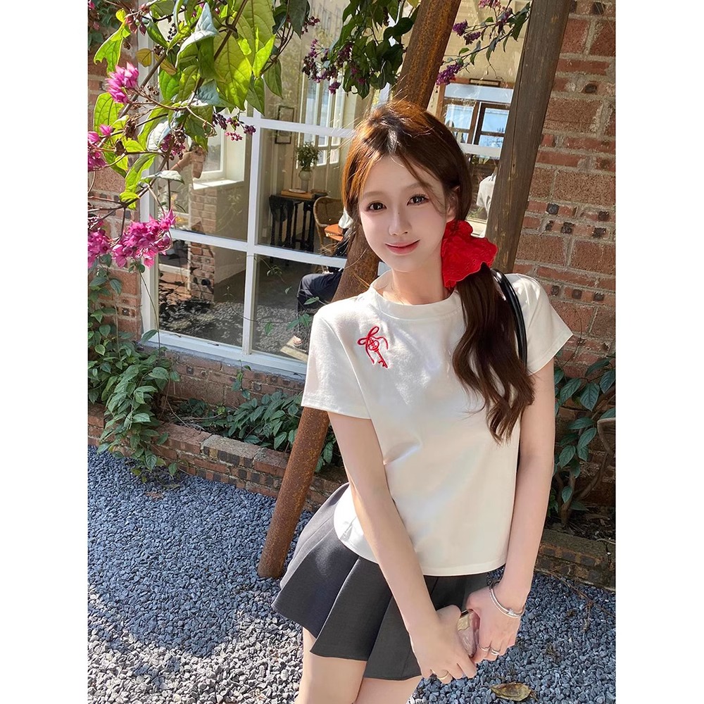 Official photo 100% cotton 21 210g pure cotton embroidered bow short-sleeved T-shirt for women loose