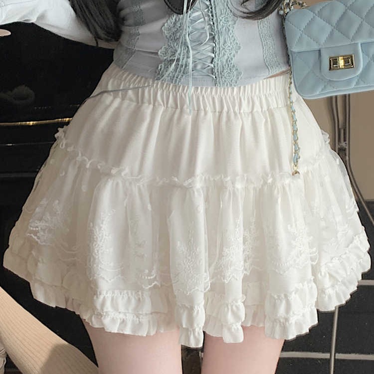 Lace spliced ​​white cake skirt for women in spring and autumn, small tall waist, slim and anti-exposure A-line puffy skirt
