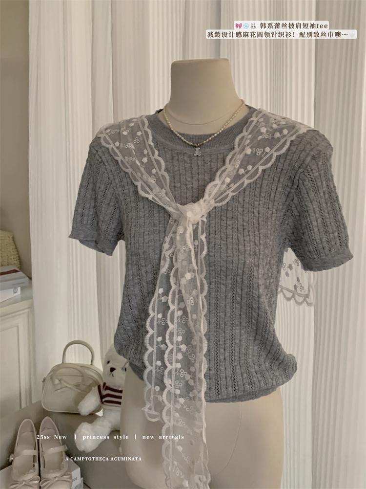 Real-life 25-year new sweet age-reducing lace shawl short-sleeved knitted top pit strip slim base T-shirt