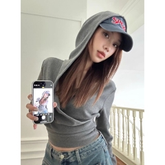 螺紋德絨 灰色V領交叉連帽長袖T恤秋季美式設計感修身上衣