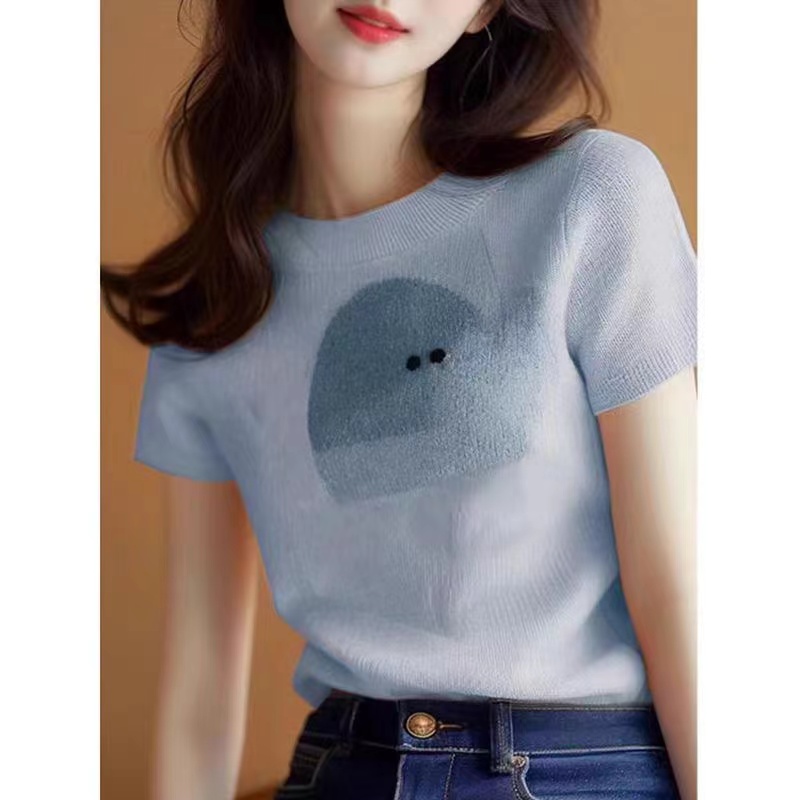 New Design Sensitivity Top Knitted Silk Slim Fit Straight Shoulder Short Sleeve T-Shirt Women Summer 