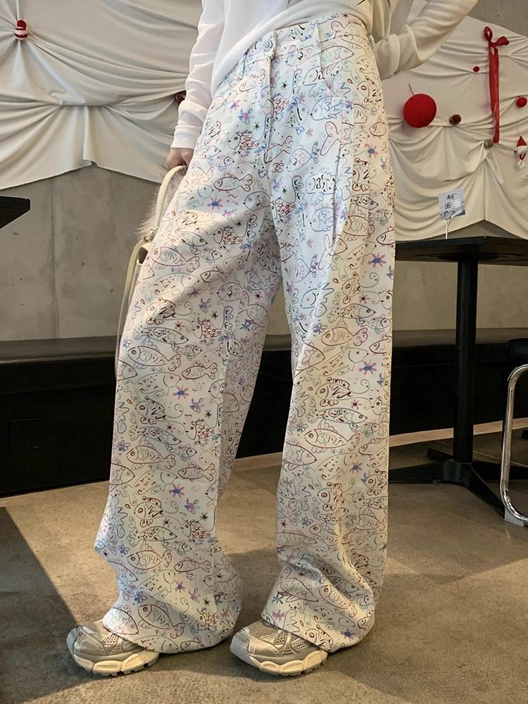 2025 new style fragrant grandma fish pants for women white cartoon printed straight wide-leg pants for women floor pants