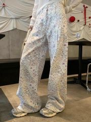 2025 new style fragrant grandma fish pants for women white cartoon printed straight wide-leg pants for women floor pants