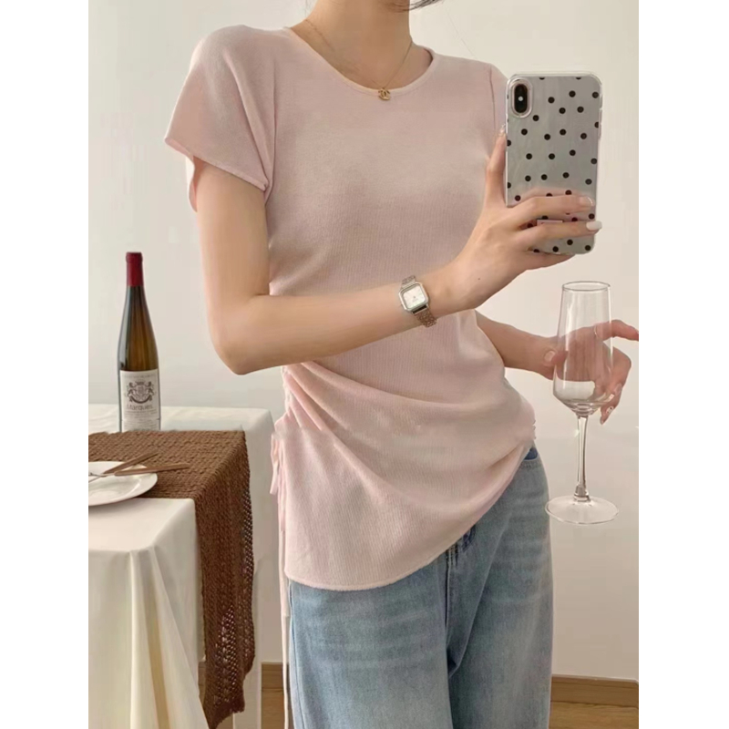 Irregular back hollow mid-length sweater for women in summer design slim drawstring pleated short-sleeved top