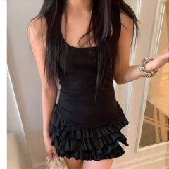 Sweet style white suspender dress women's summer unique ruffled skirt ballet style a-line skirt