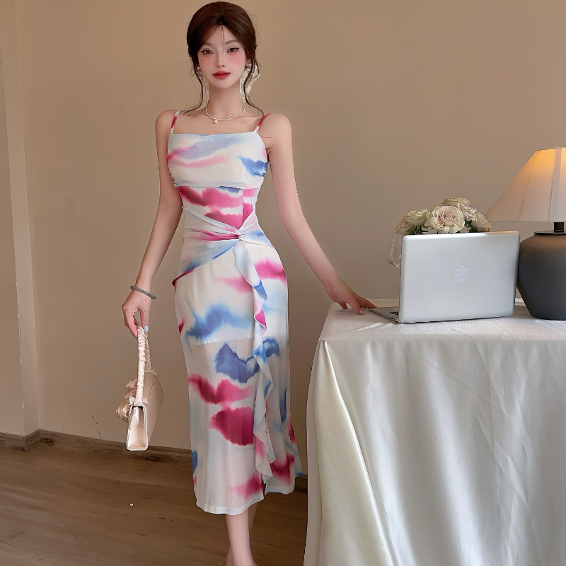 Sexy mesh printed base long suspender vacation dress