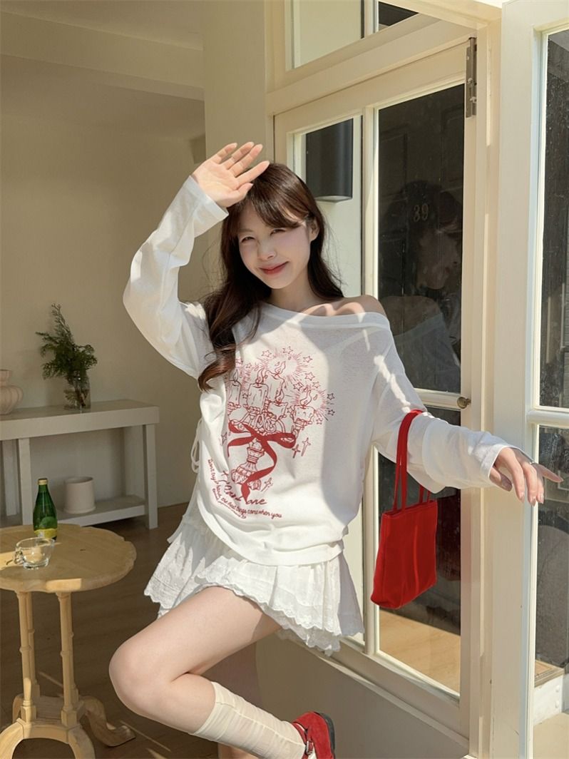 Snowflake linen thin graffiti print off-shoulder long-sleeved T-shirt summer white sunscreen blouse loose casual top