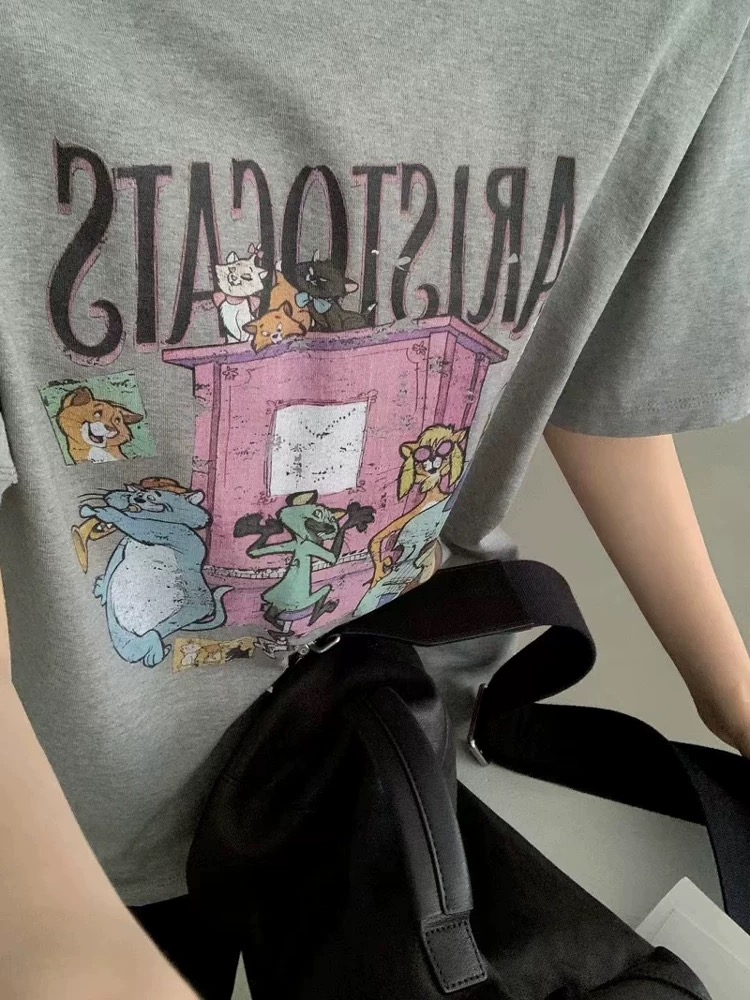 200g combed and tight spun in 2025, pure cotton back bag strip, spring and summer loose shoulder printed short-sleeved T-shirt