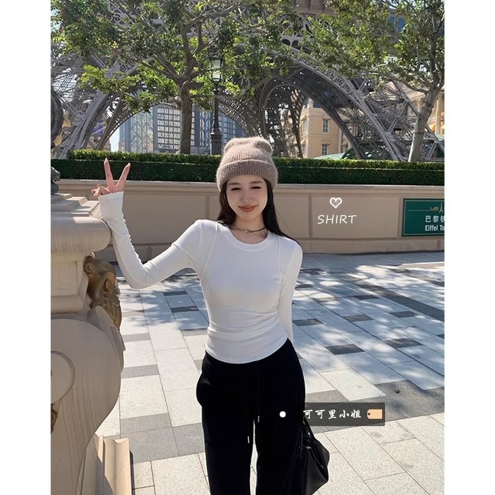 螺紋德絨 白色加厚長袖T恤女春秋時尚修身顯瘦內搭打底衫上衣