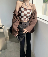 Checkerboard knitted suspender plaid suit with slim fit short style on the outside, one-shoulder strapless vest top for women