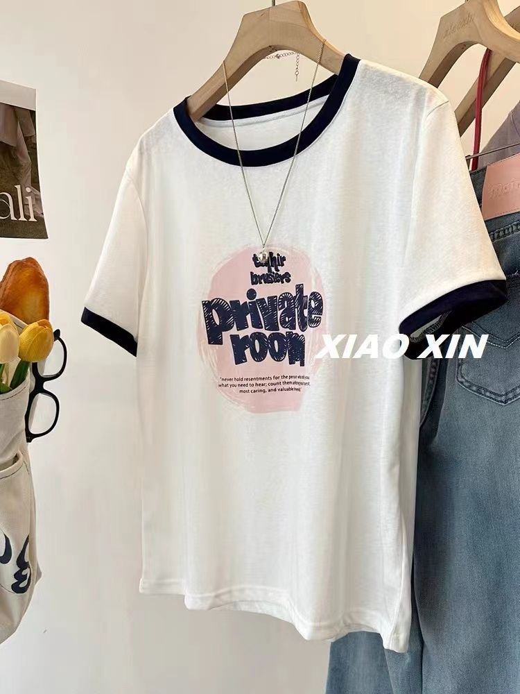 32 pure cotton pull-up frame color short-sleeved color-blocked printed loose short-sleeved T-shirt for women