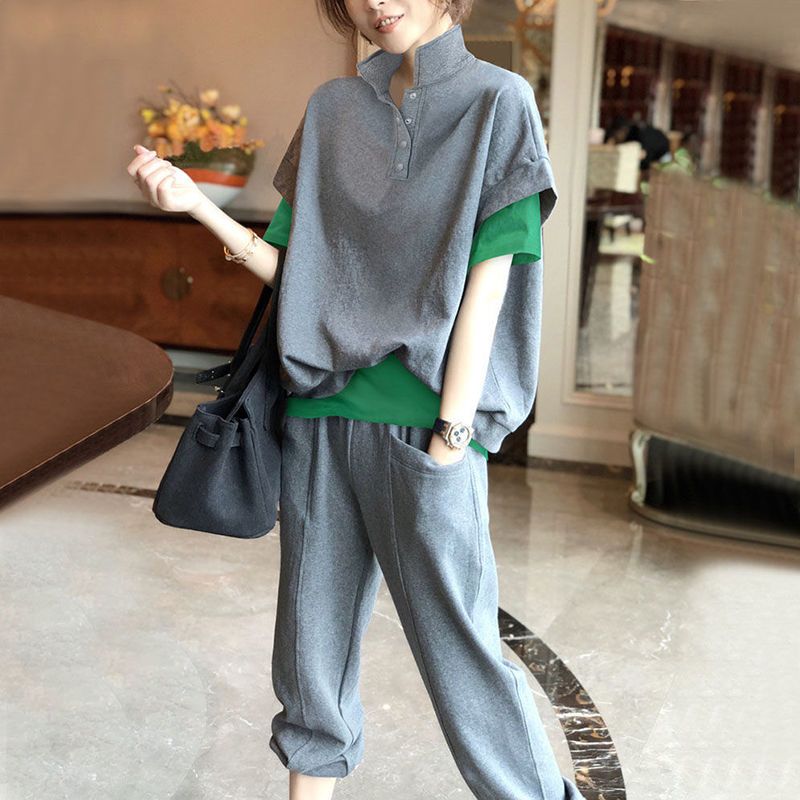Fake two-piece short-sleeved fashion suit for women 2025 new loose large size age-reducing casual two-piece set