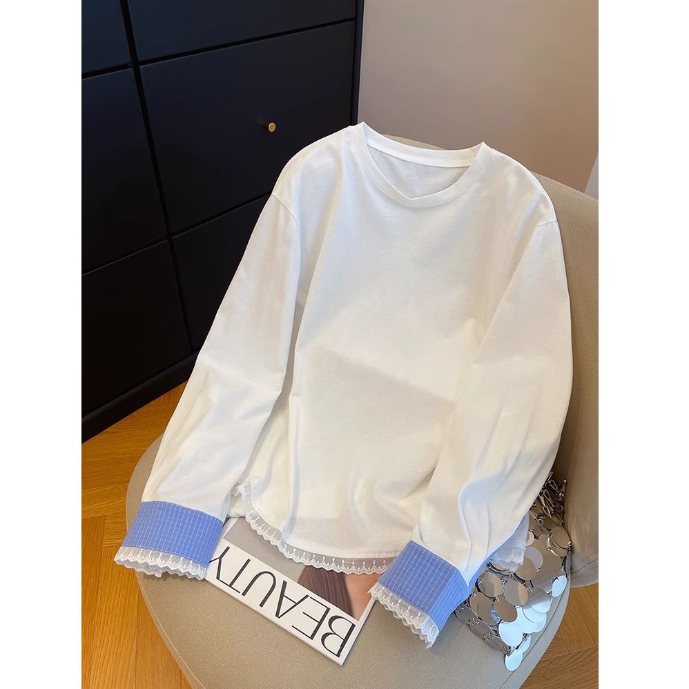 Korean new design plaid spliced ​​white long-sleeved T-shirt for women's spring lace base top
