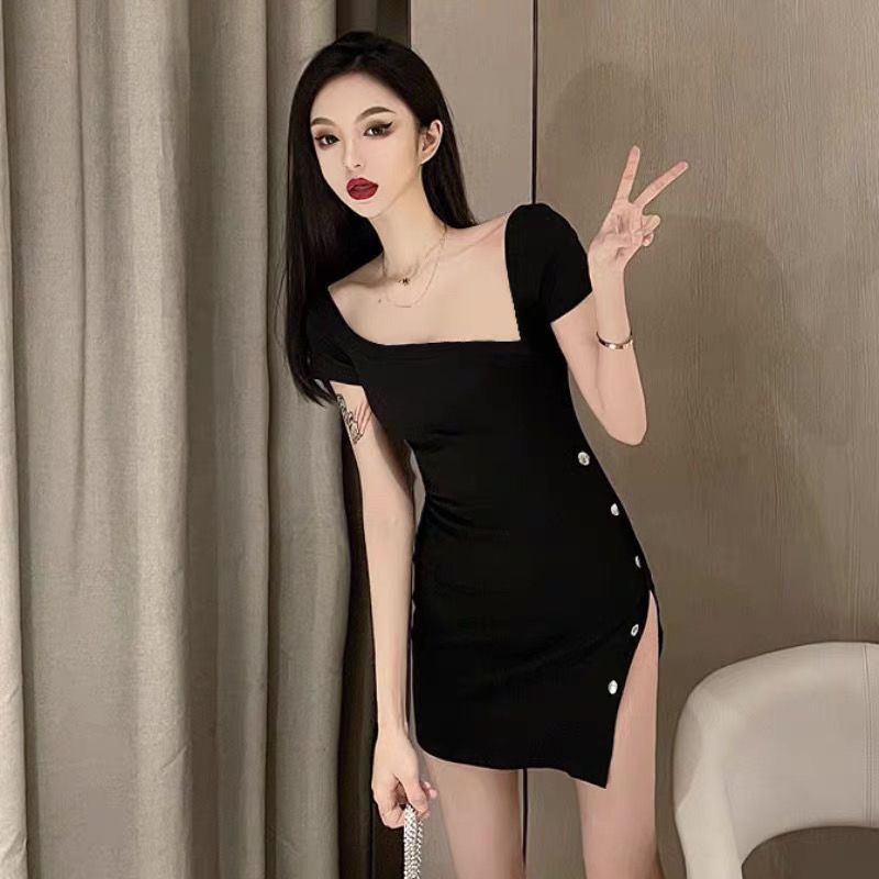 2025 summer new slit black short skirt sexy slim shoulder slim hip-packing dress