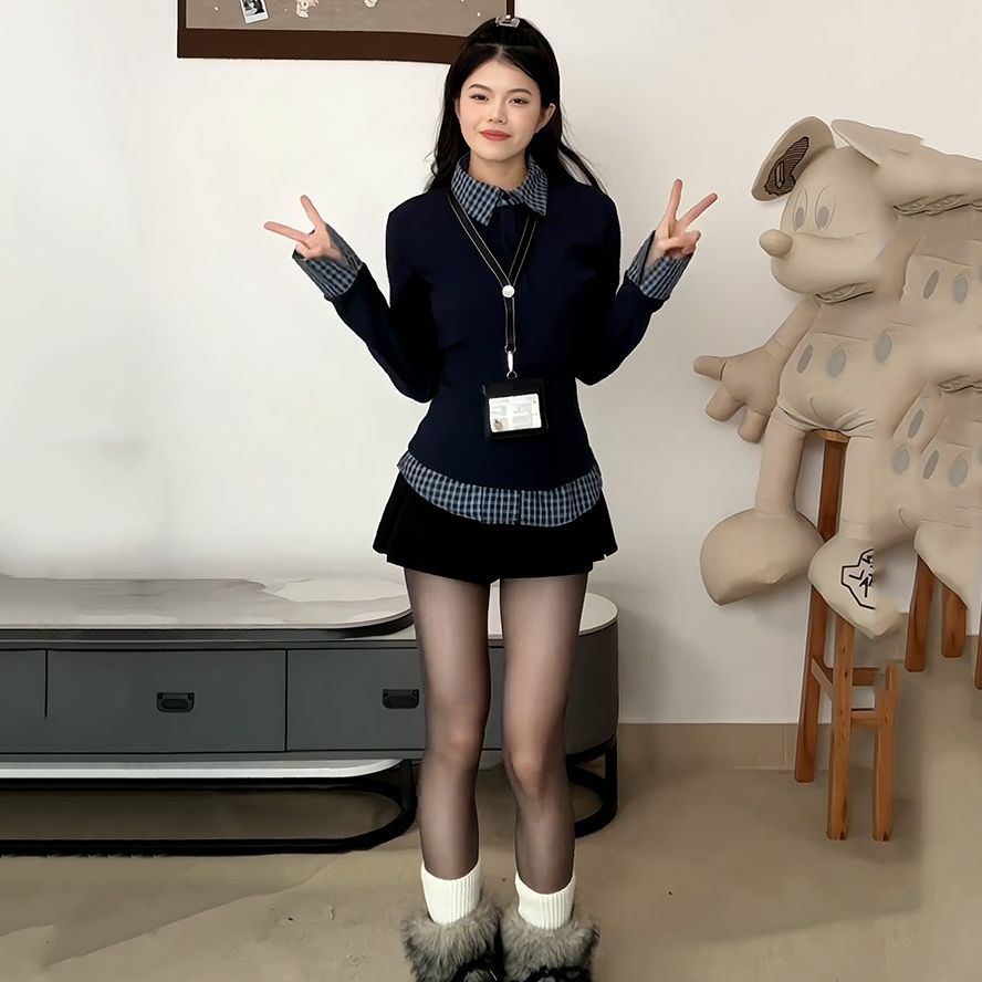 莫代爾人棉學院風polo領假兩件打底衫女收腰顯瘦t恤小上衣