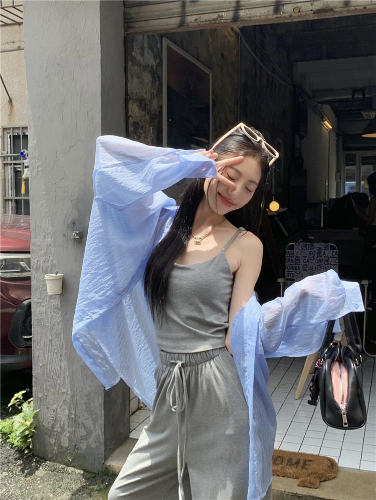 Real shot, design-sensitive strap chest pad suspender vest casual floor pants + sunscreen shirt three-piece set