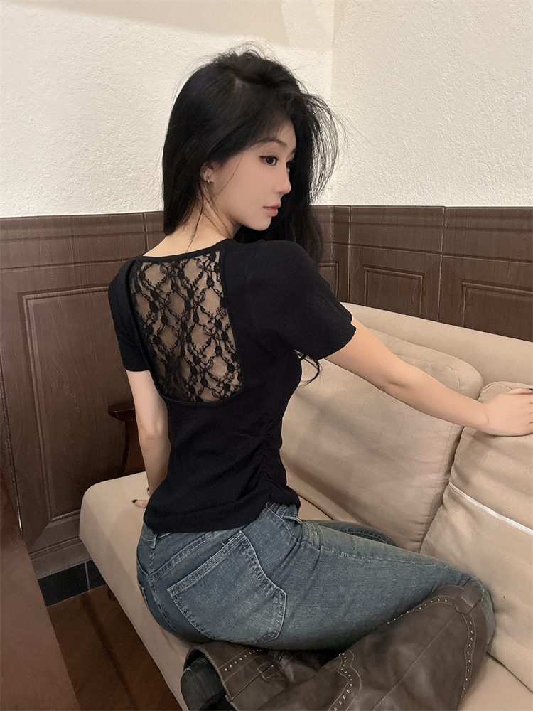 Real shot short-sleeved T-shirt for women 2025 summer new style lace hollow short ice silk knitted top