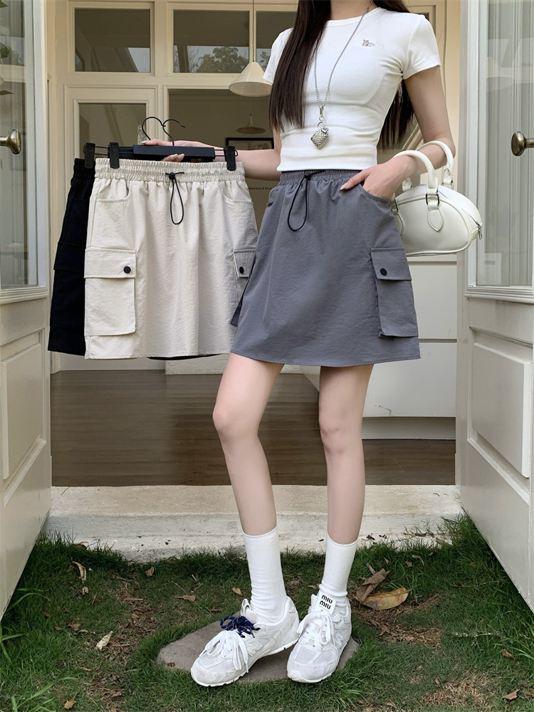 American work skirt for women's summer thin large size skirt pants fat mm high waist belly-covering design drawstring A-line skirt