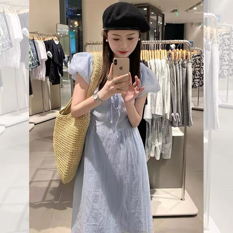 夏季高級設計感藍色泡泡袖連衣裙女法式溫柔風小眾小個子收腰裙子
