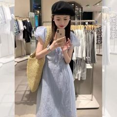 夏季高級設計感藍色泡泡袖連衣裙女法式溫柔風小眾小個子收腰裙子