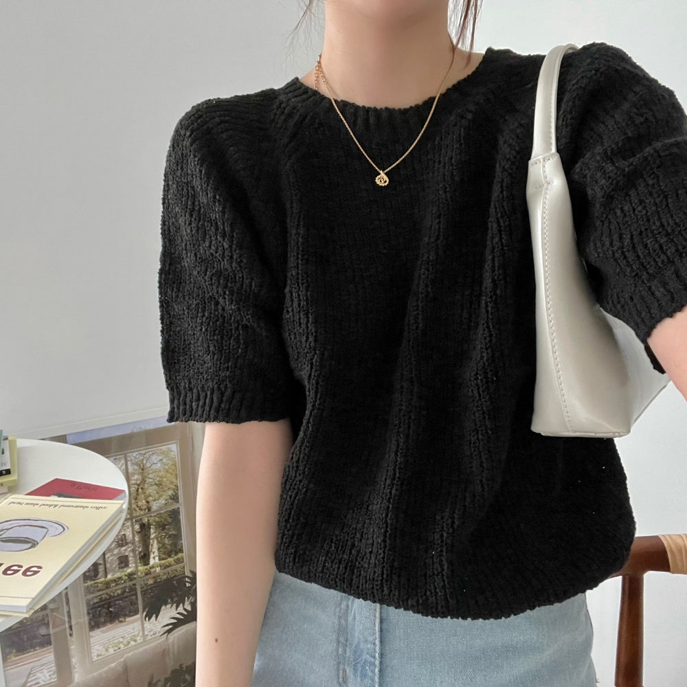 Original real shot Korean version of lazy style sweater, small belly cotton solid color sweater casual short-sleeved knitted top