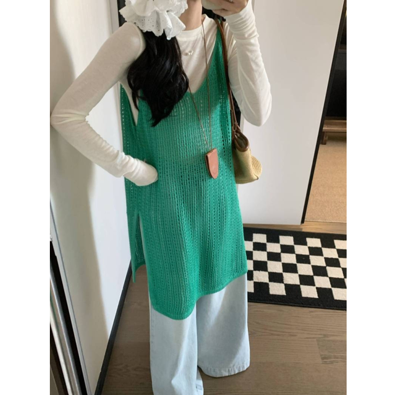 Korean sleeveless hollow knitted slings layered in spring and summer new suspender skirt loose lazy vest dress for women