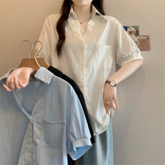 Large size French lace short-sleeved shirt for women in summer fashion high-end white shirt fat MM slim top