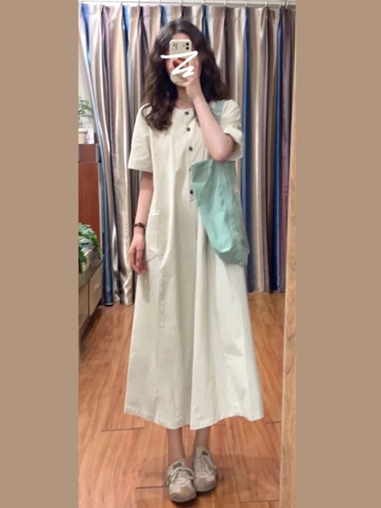 女夏季新款文藝復古日系長裙寬鬆休閒顯瘦短袖連衣裙小個子慵懶風