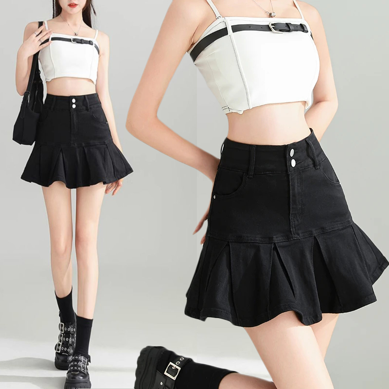 Pleated skirt denim short skirt for women in spring and summer 2025 new high-waisted slim hot girl with a versatile pure and sexy skirt