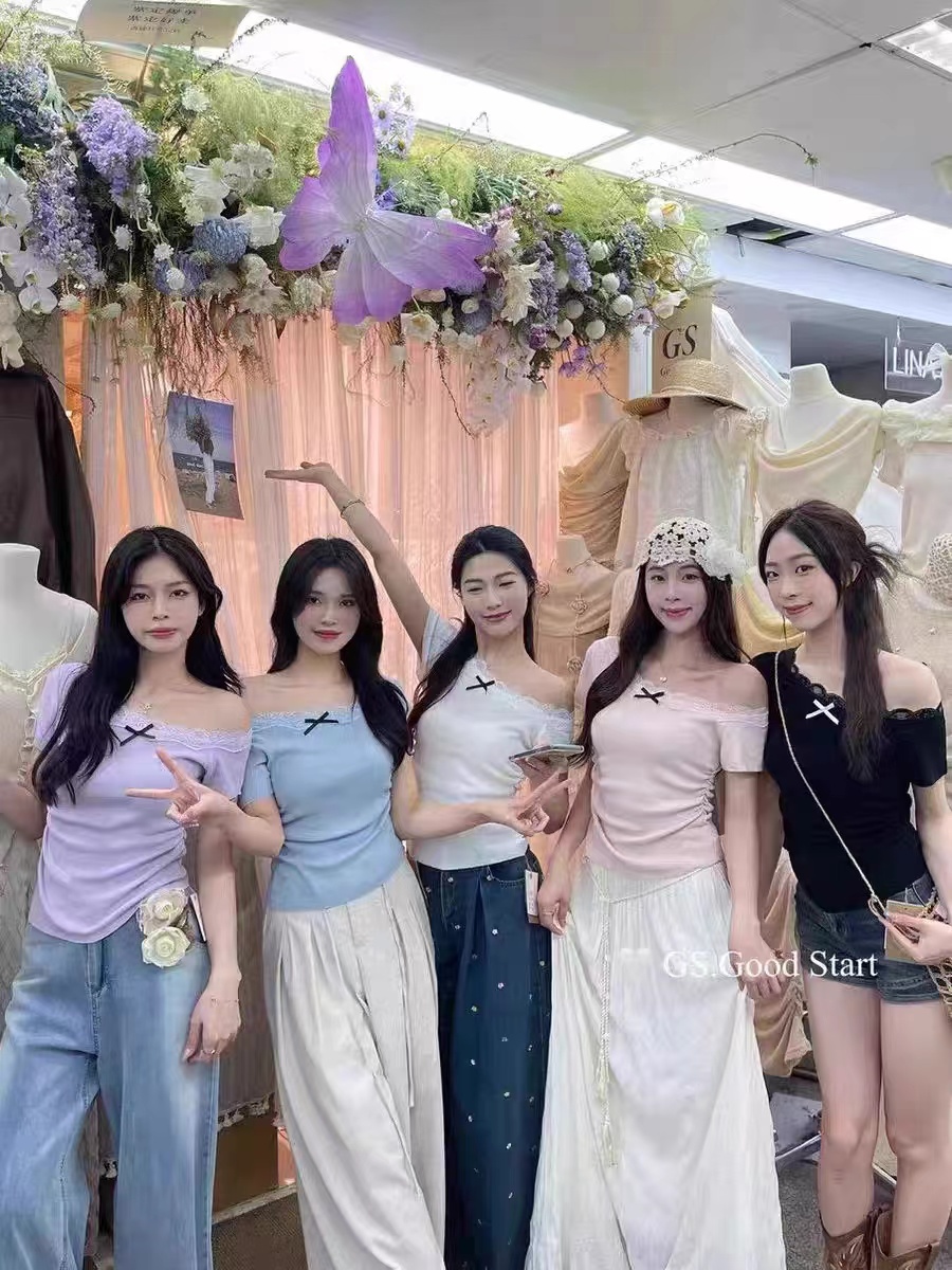 甜辣妹蝴蝶結蕾絲花邊U領短袖T恤女夏季純欲正肩緊身絕美短款上衣